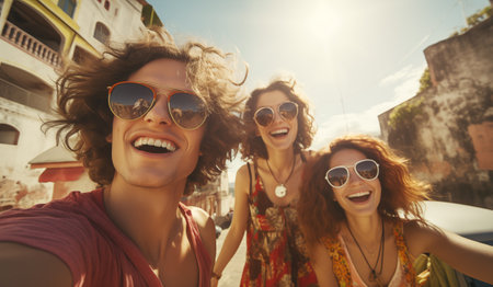 Beautiful Hippies friends man and women in fancy sunglasses happy smiling portraits. They making a selfies while walking to the ocean beach. Freedom and people relations conceptの素材