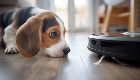 Cute purebred beagle puppy dog portrait on the living room laminate discovers modern vacuum cleaner robot smart device while it cleaning floor. Allergy prevention during home pets Fur Moulting conceptの素材