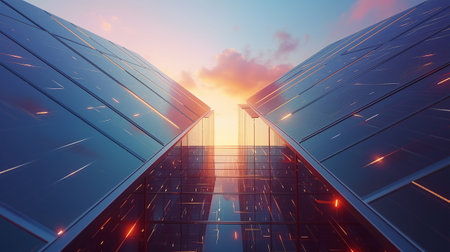 Beautiful wide-angle image of solar panels cells lit with early morning sunrise light. New green Renewable energy, generation, transmission and storage industry concept image.の素材