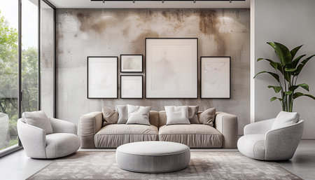 Light grey Interior Room Design: Comfortable Sofa couch with armchairs, pillows, framed empty pictures, with soft full wall window light. Real Estate, Modern home, renting homes, cozy house concept.の素材