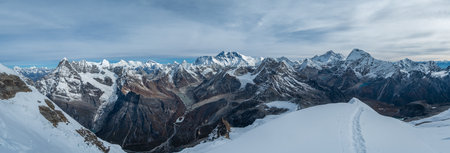 Mount Everest, Nuptse, Lhotse with South Face wall, Makalu, Chamlang beautiful panoramic shot of a High Himalayas from Mera peak high camp site at 5800m.の写真素材