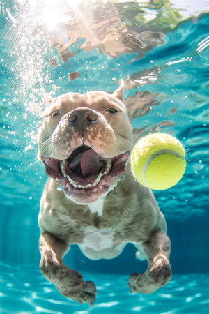 American Pit Bull Terrier diving in swimming pool water to catch a tennis ball gaming Fetch pet game. Ridiculous portrait with wide opened mouth showing strong canine teeth. Lovely pets concept image.の素材