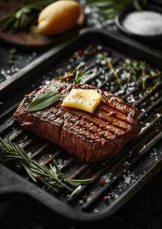 Appetite: Big beef steak, perfectly roasted with rosemary herbs and pepper, sizzling on a cast iron grill pan. Enhanced with coarse salt for added flavor. A healthy meat dish, rich in protein capture.の素材