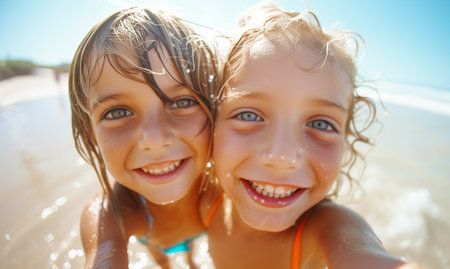 sensitive face portrait of beautiful blonde hair little girls with grey eyes smiling and staring at camera doing selfies on ocean sandy vacation day. Kids' beauty, fashion and skin care concept imageの素材