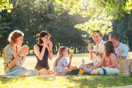 Big family sitting on the picnic blanket in city park during weekend Sunday sunny day. They are smiling, laughing and eating boiled corn and watermelon. Family values and outdoors activities concept.の写真素材