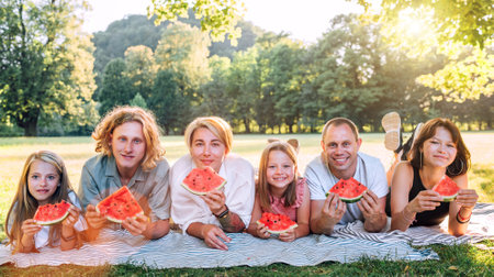 Big family lying on the picnic blanket in city park under Linden tree during weekend Sunday sunny day, smiling, laughing at camera and eating watermelon. Family values and outdoor activities concept.の写真素材