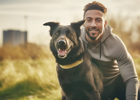 Smiling happy black man portrait with his black furry dog in the early morning while they resting on Jogging. Active healthy lifestyle, friendship, cute pets concept image.の素材