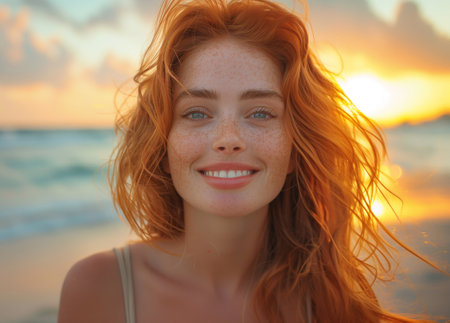 Sensitive portrait of beautiful Red hair young calm smiling woman with grey eyes and charming freckles looking at camera while evening beach walk. Diverse human beauty, fashion and skincare conceptsの素材