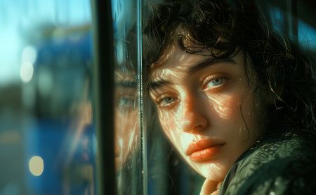 Portrait of beautiful sad young woman pensive looking through the public bus window glass while she goes by bus. Wistful gaze and thoughts life. Sadness, mental health and loneliness concept image.の素材