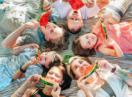 Young daughters with parents family lying on picnic blanket during weekend sunny day, smiling, laughing and eating red juicy watermelon pieces. Family values, fruits vitamins, outdoor time conceptの写真素材