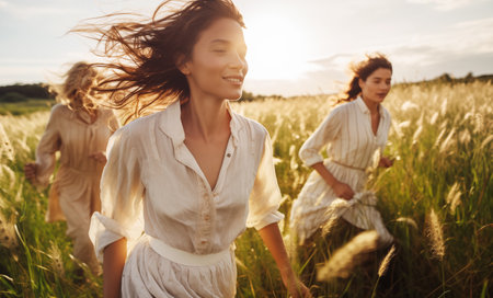 Portrait of cheerful smiling women friends clothed in light colors summer dresses walking by the high grass meadow sunset soft light shot. Woman's Friendship, relations and happiness concept imagの素材