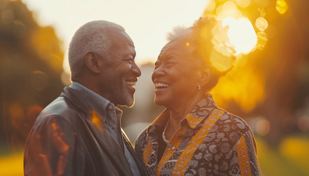 Handsome elder aged smiling grey haired African american man with beautiful wife hugging in city park, enjoying evening hours together. Calm retirement, healthy lifestyle, couple in love concept imageの素材