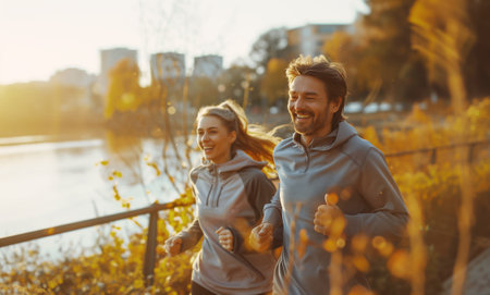 Handsome middle-aged smiling man jogging with beautiful wife by city park along the pond enjoying sunny day together. Sporty active people, healthy lifestyle concept training image.の素材