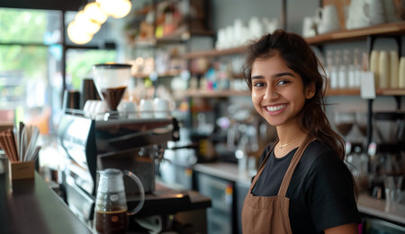 Smiling barista at cozy cafÃ© counter with warmth and hospitality. Coffee machine and various utensils add to ambiance of coffee shop. Bright and inviting atmosphere for delightful coffee experienceの素材