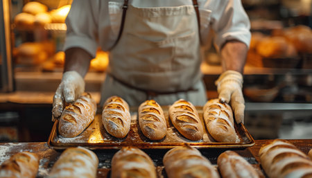 A baker pulls out freshly baked bread from oven, showcasing artisanal baking process. The warm glow of bakery highlights crusty texture of loaves, inviting customers with aroma of freshly baked goods.の素材
