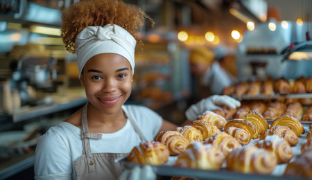 Cheerful young woman baker presents freshly baked pastries in bustling bakery with warm smile and golden flaky treats create inviting atmosphere with blurred background activity, add to charm of sceneの素材