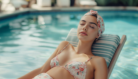 Vintage Nostalgia: Serene woman lounging on sun bed next to crystal-clear pool. She appears relaxed, with her eyes closed and peaceful expression on face. Females beauty, Retro bikini fashion concept.の素材