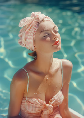 Vintage Nostalgia: Serene woman lounging next to crystal-clear pool. She appears relaxed, with her eyes closed and peaceful expression on face. Females beauty and Retro bikini fashion concept.の素材