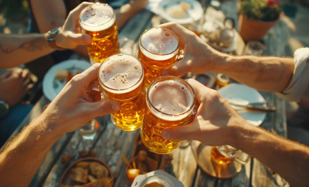 Top view Close-up of hands clinking beer mugs on wooden table with snacks outdoors, capturing cheerful toast among friends. Image radiates camaraderie and relaxation in social setting.の素材