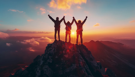 Three hikers triumphantly raise their arms atop mountain peak as sun sets behind them, casting warm glow over the majestic landscape. Active people, beauty in Nature and friendship concept.の素材