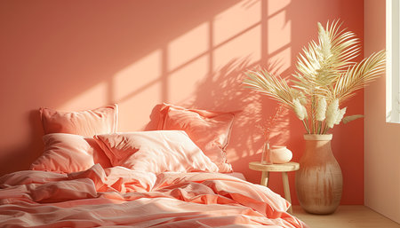 Cozy minimalist interior with earthy tones in 13-1023 Peach Fuzz color featuring vase of pampas grass on rustic wooden table beside neatly made bed. Soft sunlight creating warm, inviting atmosphereの素材