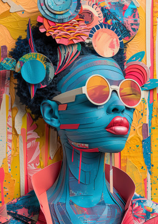 Abstract portrait of  colorful and vibrant woman adorned with various patterns and shapes. Artistic expression and creativity concept. Bold and eye-catching paper collage artworkの素材