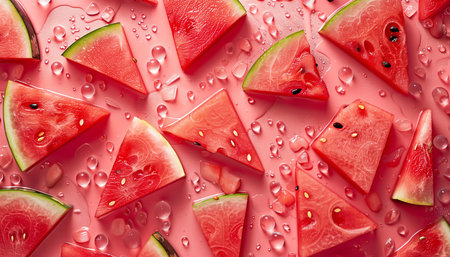 Watermelon blissbackground. Luscious pink slices drizzled with melted ice cubes . A burst of summer flavor for any occasion. Summer vibes for hot days.  Perfect for picnics and poolside partiesの素材