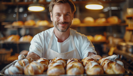 Young baker smiles as he arranges freshly baked bread in bakery. The warm glow of bakery showcases variety of bread on display. This skilled artisan brings joy to customers with delicious creations.の素材