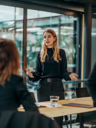 Confident woman gives presentation to group, gesturing with enthusiasm. The scene depicts professional setting with focus on communication and leadership skills. Teamwork, business projects and ideas.の素材