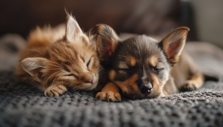 Little puppy peacefully sleeps with a red kitty friend, showcasing heartwarming cat and dog friendship. Amidst dreams, they exude comfort and camaraderie, reminding us of enduring bond between speciesの素材