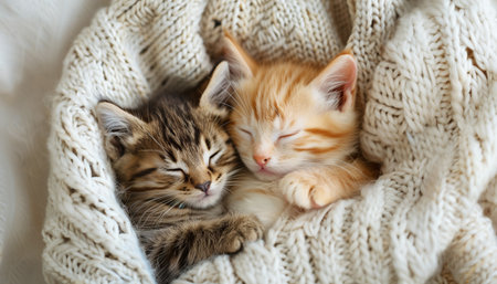 Little kitties friends peacefully sleep together in knitted sweater showcasing heartwarming friendship. Amidst dreams, they exude comfort and camaraderie.の素材