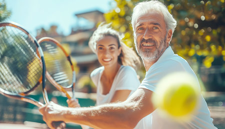 Happy middle aged couple playing tennis in doubles during sunny day on outdoor tennis court. Actvive people, happy retirement and relationship concept image.の素材
