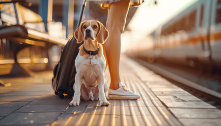 Cute beagle dog with female owner friend waiting for train departure on the station platform. They are traveling together with suitcase. Traveling with pets and railroad travel concepの素材