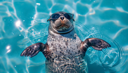 Funny photo of seal in fancy sunglasses floating on its back wide open flippers enjoying sun rays and warmess suntanning in public swimming pool. Summertime vacation, relaxing and retirement concept.の素材