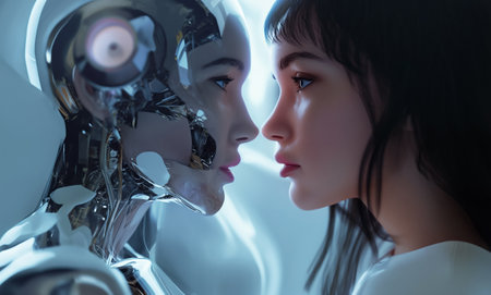Cybergirl robotic humanoid and beautiful woman side-by-side eye-to-eye portraits view with futuristic digital and data transferring background. Artificial intelligence AI and human relations conceptの素材