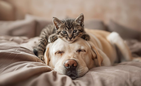 Cute home pets scene and dog and cat friendship concept. Small kitty lying on the big furry labrador canine and together looking at camera. Their eyes and mouths are smiling so cheerful and warmの素材