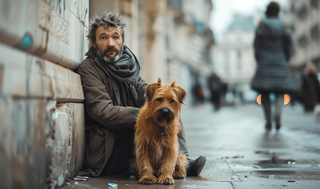 A homeless man, with his dog, stares emotionless as passersby walk by. Captures social issues, pet bonds, and challenges of marginalized peopleの素材