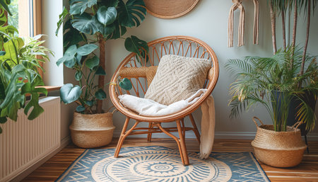 Cozy, natural interior with rattan chair, cushion, and blanket, surrounded by lush green plants. Inviting sunlight streams through window, creating warm and peaceful atmosphere. Cozy Home comceptの素材