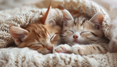 Little kitties friends peacefully sleep together in knitted sweater showcasing heartwarming friendship. Amidst dreams, they exude comfort and camaraderie.の素材