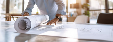 Blueprint drawing carefully rolling out by architect employee new house plan architecture designs from comfort sunny home office. Architecture, architect work, home construction, art people conceptの素材