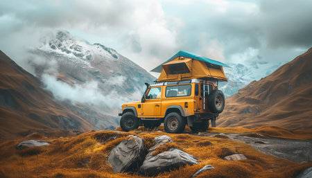 A yellow off-road vehicle with rooftop tent parked on cliff overlooking majestic mountain scenery at sunset. Adventure camping in wilderness with breathtaking views of rugged peaks and dramatic cloudsの素材