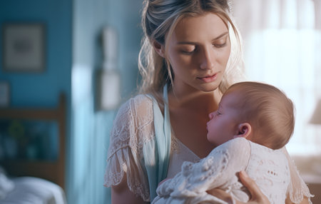 Beautiful portrait of calm young woman hugging little baby child while it sleeping on mother's breast litted soft light. Mental health, motherness, kids' beauty and lifestyle concept image.の素材