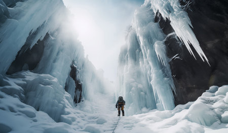 Ice climbers dressed in warm climbing clothes, safety harnesses and helmet climb frozen vertical waterfalls belaying each other using belay device. . Active people and sports activities concept imageの素材
