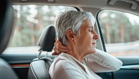 Portrait of elderly gray-haired woman massaging her hindhead while she felt neck ache. Female sitting on co-driver car seat. Medicine, health care, spinal column and Osteochondrosis issues concept.の素材