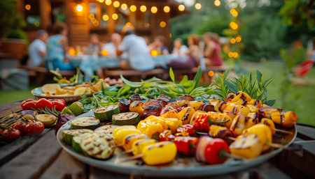 Still life photo of grilled healthy vegetables such as cherry tomatoes, peppers, carrots, and corn. A multicolored healthy boost for the whole family gathered together in the home backyard.の素材
