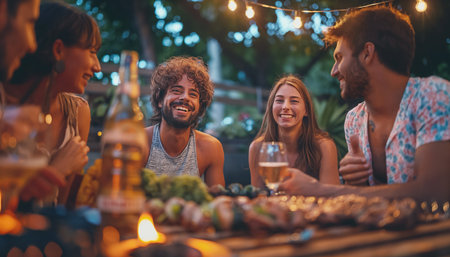 Young people having fun while they sitting at table and drinking beer on the house backyard at evening houts. They are talking, joking and relaxing after hard working daysの素材