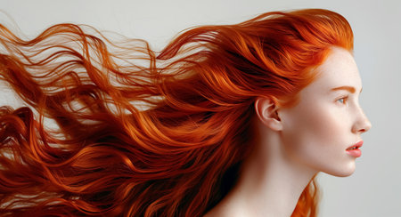 Vibrant red-haired woman with closed eyes in profile, flowing hair creating a mesmerizing cascade of curls. Serene and captivating portrait of natural beauty and elegance.Natural female beauty conceptの素材