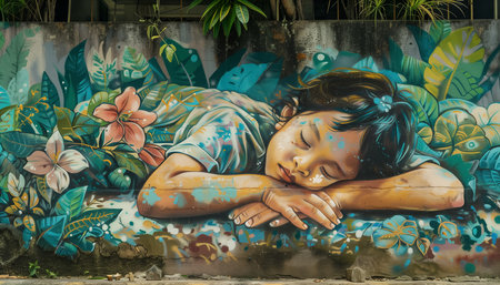 Gorgeous mural depicting sleeping girl surrounded by lush, vibrant foliage. artwork exudes tranquility and captures beauty of nature intertwined with innocence of sleep. Street art of graffiti artistsの素材