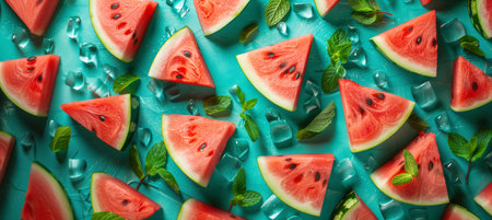 Watermelon bliss! Luscious pink slices drizzled with mint on a calming blue canvas. A burst of summer flavor for any occasion. Summer vibes for hot days. Perfect for picnics and poolside partiesの素材