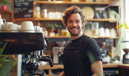 Smiling barista Man at cozy cafÃ© with warmth and hospitality. Coffee machine and various utensils add to ambiance of coffee shop. Bright and inviting atmosphere for delightful coffee experienceの素材